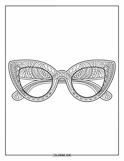 Coloriage de lunettes de soleil pour adultes : Des lunettes œil-de-chat aux branches à motifs et à la monture en mandala détaillée