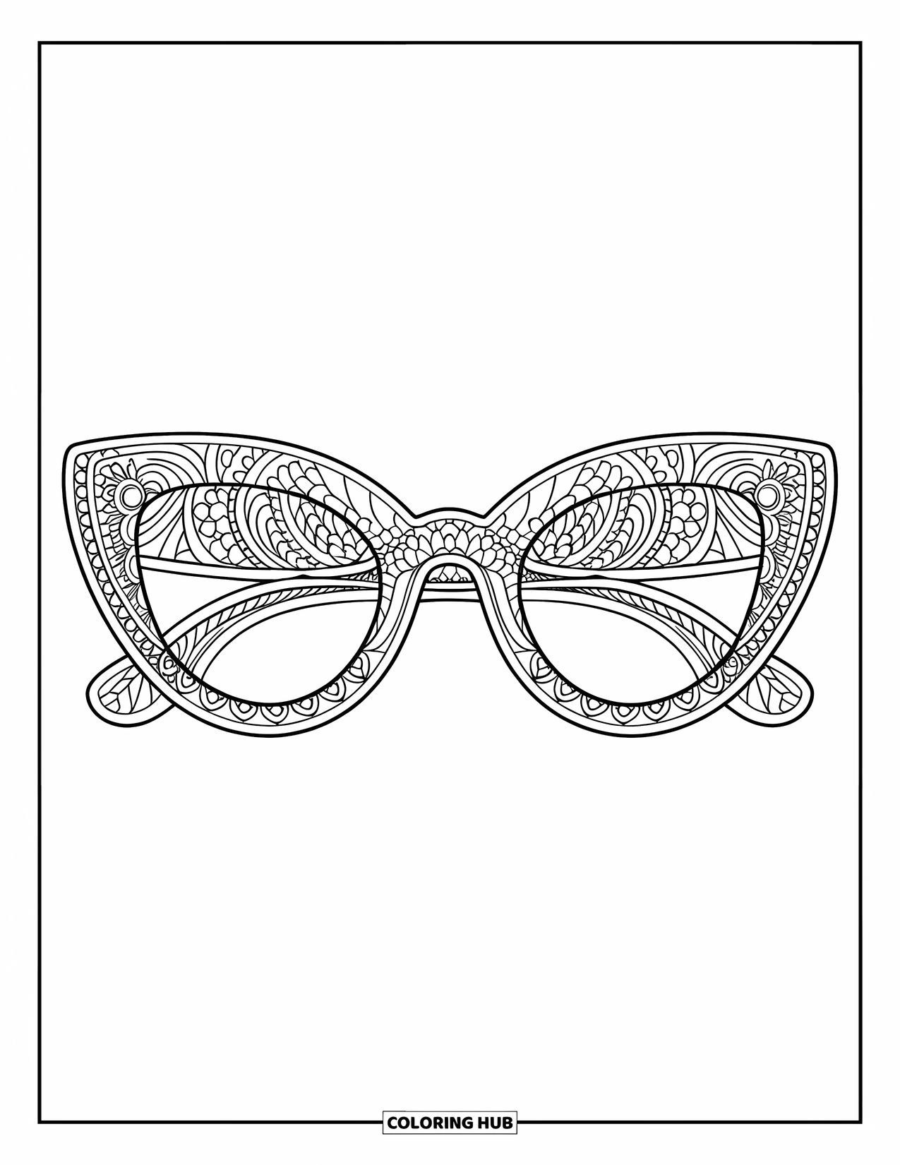 Sunglasses Coloring Page for Adults: Cat-eye sunglasses have patterned arms and a detailed mandala frame