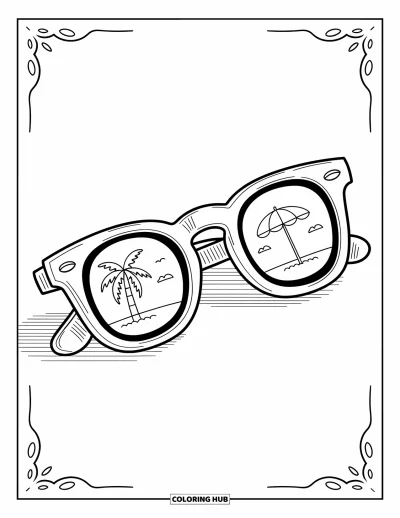 Coloriage de lunettes de soleil pour adultes : Chaque verre montre une scène de plage avec des palmiers et des parasols dans un style kawaii