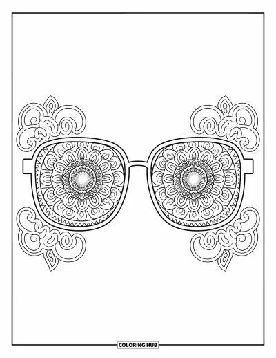 Coloriage de lunettes de soleil pour adultes : De grandes lunettes avec des cercles mandalas dans les verres et des arabesques tout autour