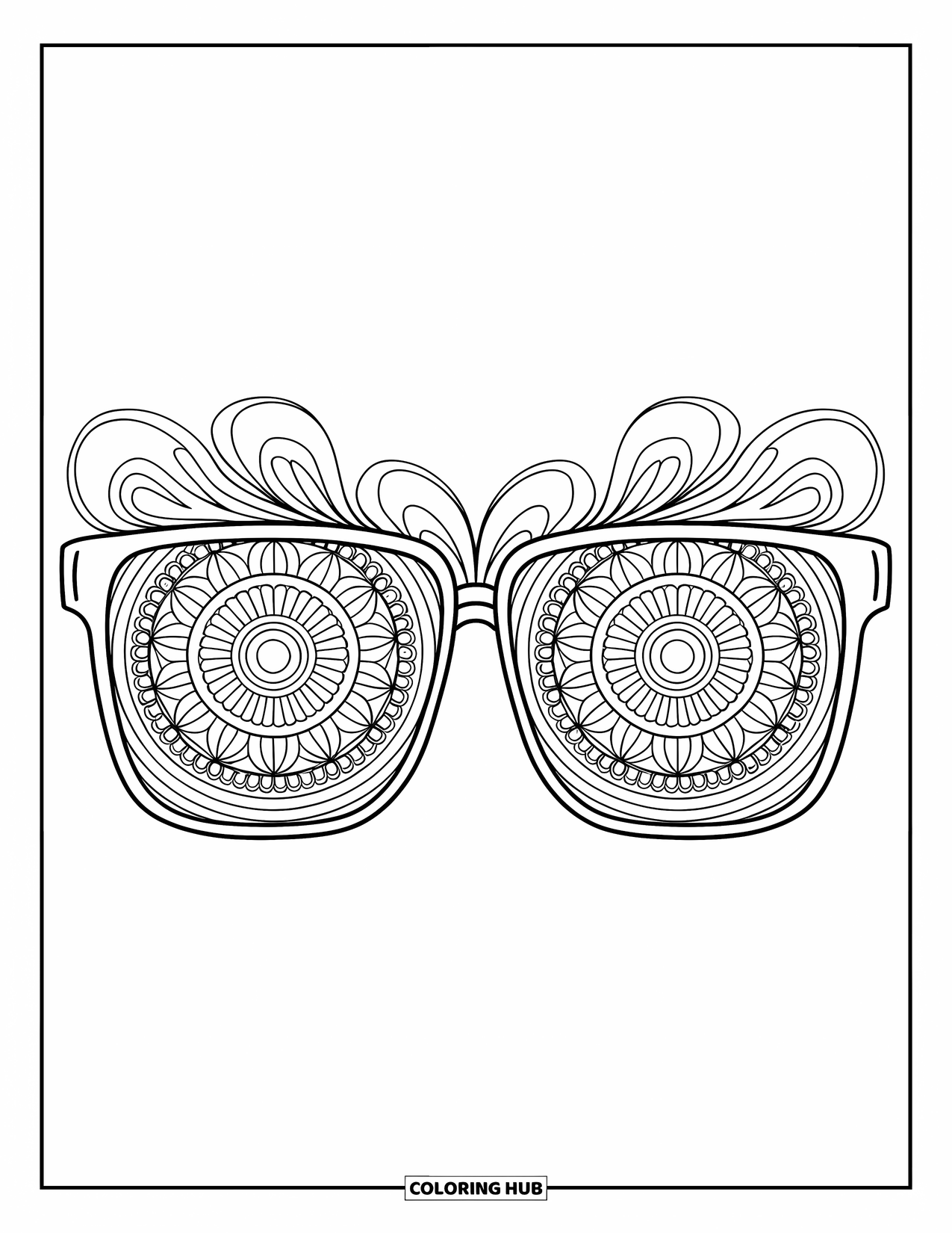 Sunglasses Coloring Page for Adults: Mandala circles fill the lenses of rectangular sunglasses with soft swirls