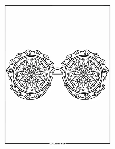 Coloriage de lunettes de soleil pour adultes : Des lunettes rondes ornées de mandalas centrées avec des détails floraux sur la monture