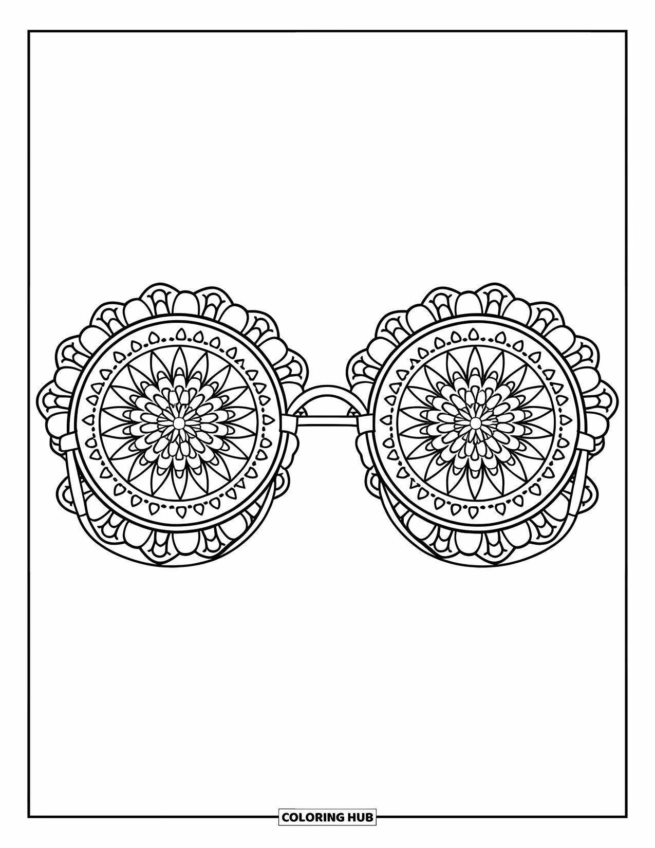 Sunglasses Coloring Page for Adults: Mandala-filled round sunglasses sit centered with floral frame accents