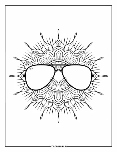 Coloriage de lunettes de soleil pour adultes : Des rayons de mandala s'étendent depuis des lunettes aviateur avec de bold lignes ornementales