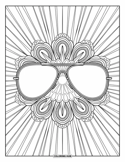Coloriage de lunettes de soleil pour adultes : Des rayons mandala entourent des lunettes aviateur aux contours nets et précis