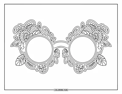 Coloriage de lunettes de soleil pour adultes : Des lianes et des fleurs mandala enveloppent une paire de lunettes de soleil placée en diagonale