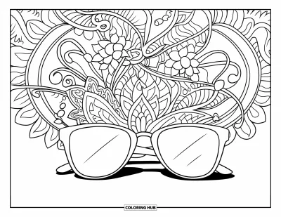 Coloriage de lunettes de soleil pour adultes : Des détails mandala ornés traversent une paire de lunettes de soleil en diagonale