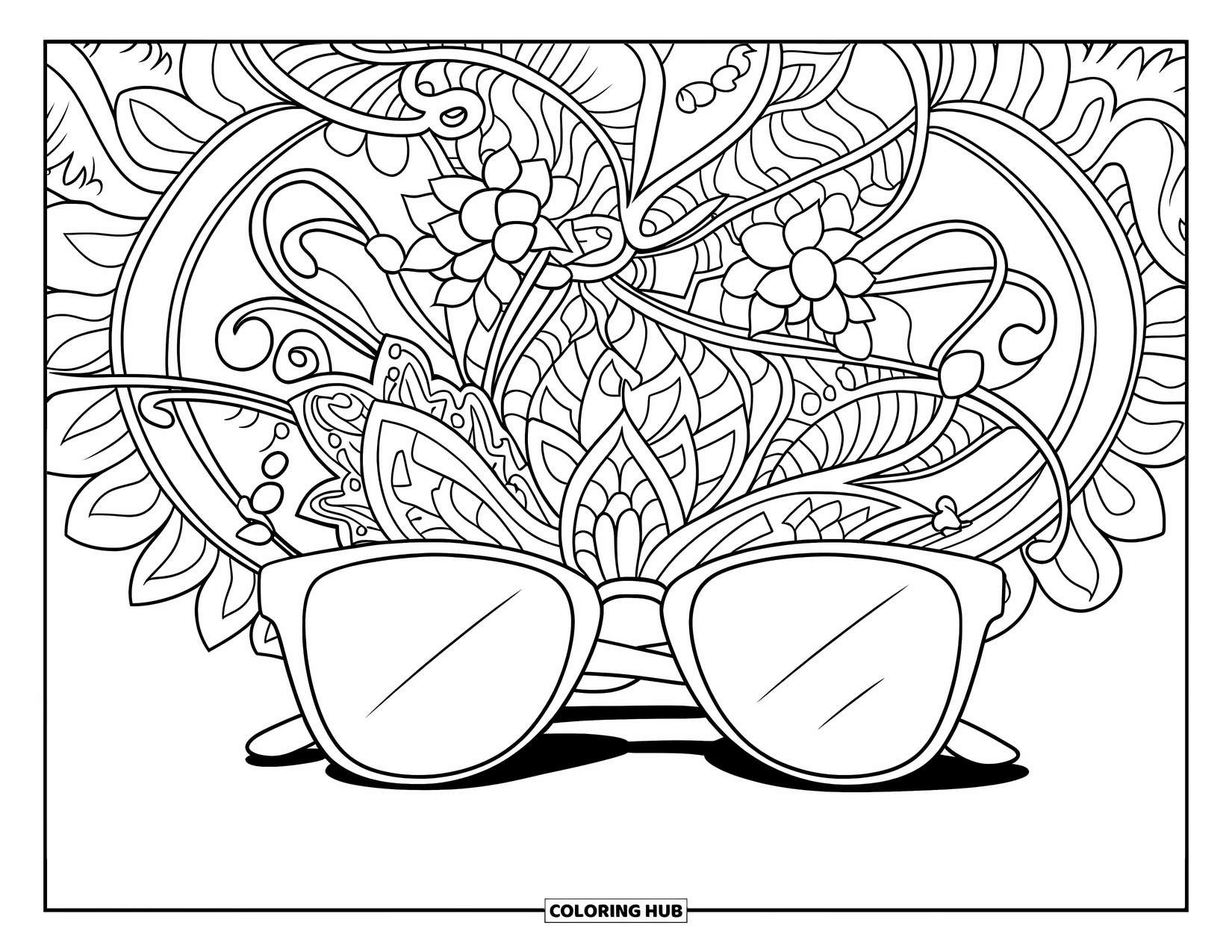 Sunglasses Coloring Page for Adults: Ornate mandala details flow through a diagonal pair of sunglasses