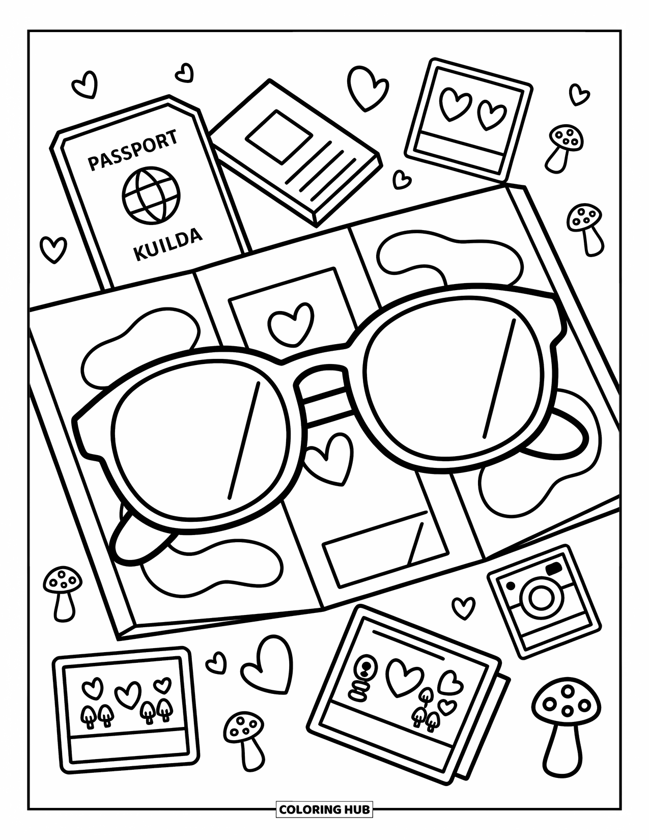 Sunglasses Coloring Page for Adults: Oversized sunglasses and travel keepsakes are scattered around a cozy hand-drawn map