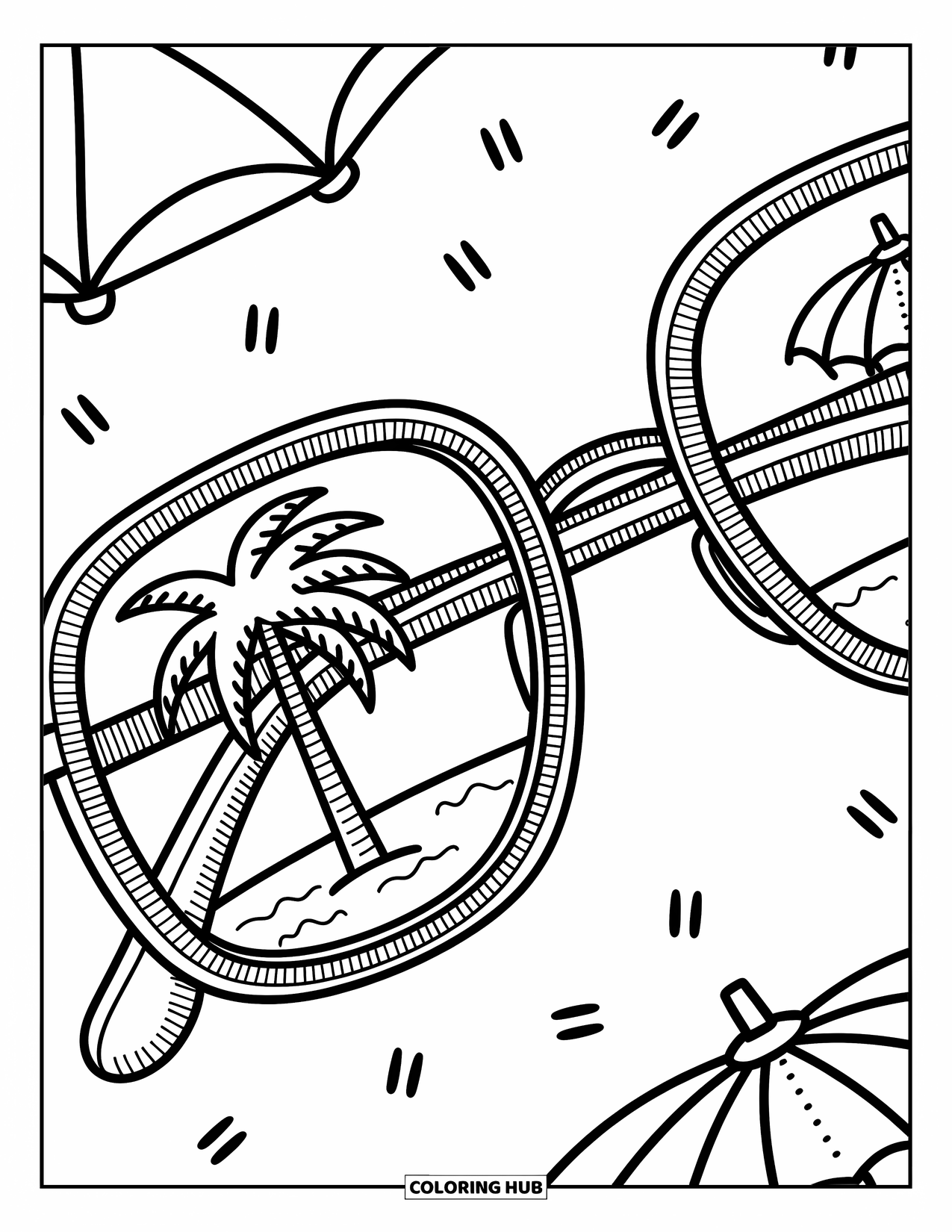 Sunglasses Coloring Page for Adults: Oversized sunglasses reflect a beach view with playful dots and soft details
