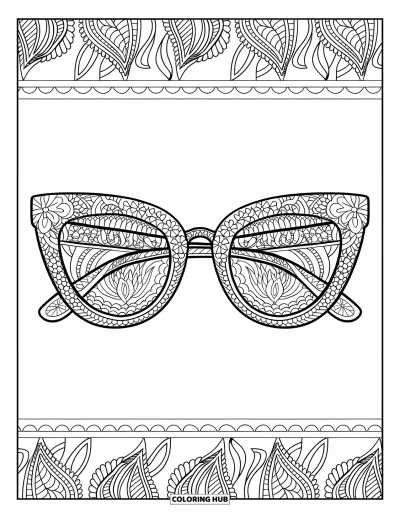 Coloriage de lunettes de soleil pour adultes : Des motifs paisley et mandala décorent des lunettes œil-de-chat à la monture marquée