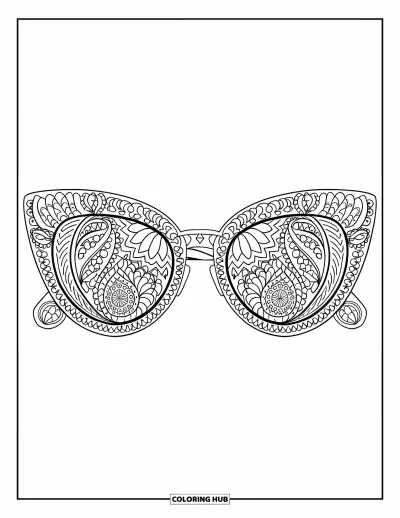 Coloriage de lunettes de soleil pour adultes : Des lunettes œil-de-chat ornées de motifs paisley avec un petit breloque sur la branche