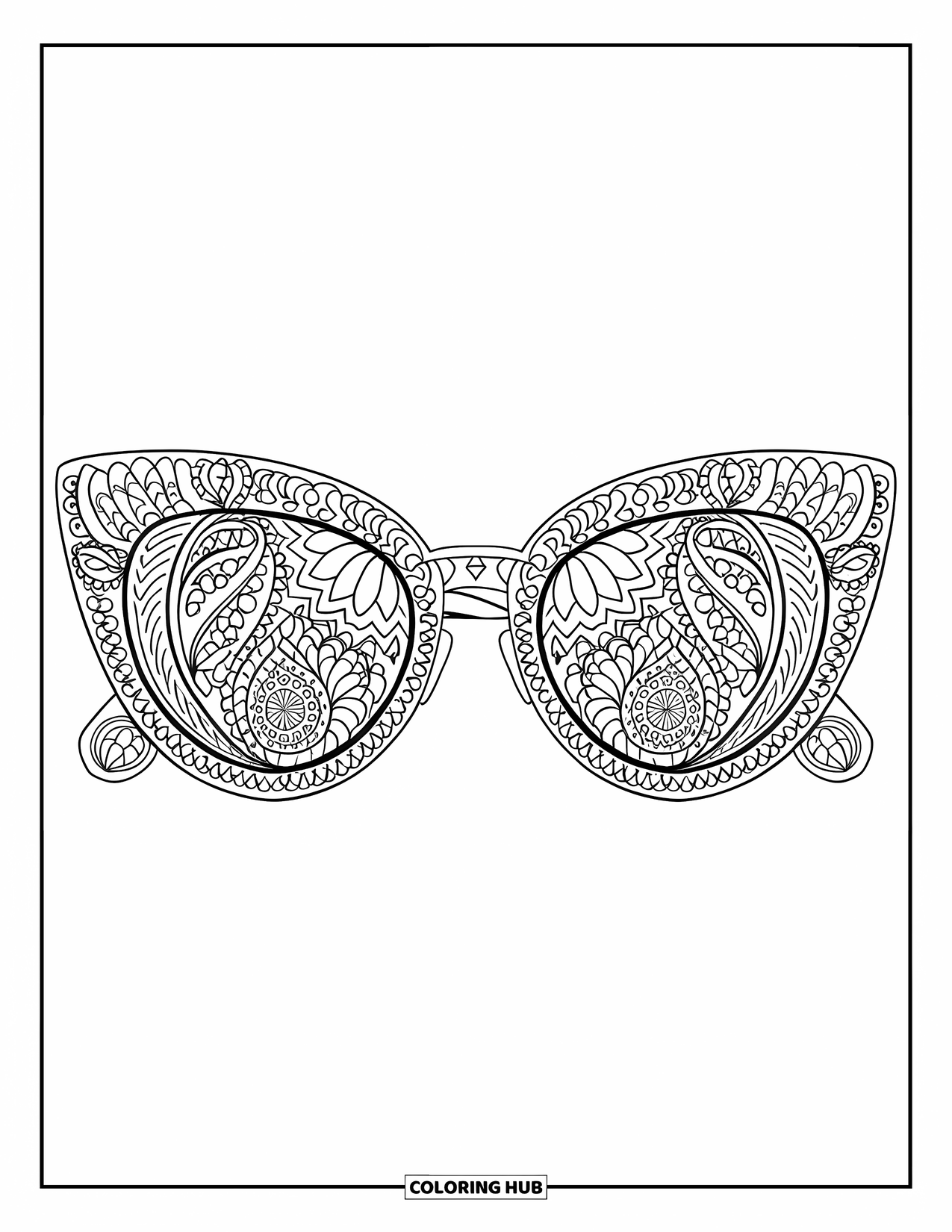 Sunglasses Coloring Page for Adults: Paisley-filled cat-eye sunglasses include a small charm on the arm