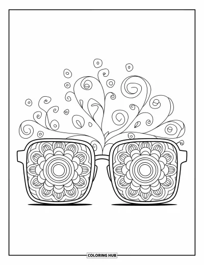 Coloriage de lunettes de soleil pour adultes : Des lunettes rectangulaires avec des cercles mandalas et des volutes à l'intérieur de chaque verre