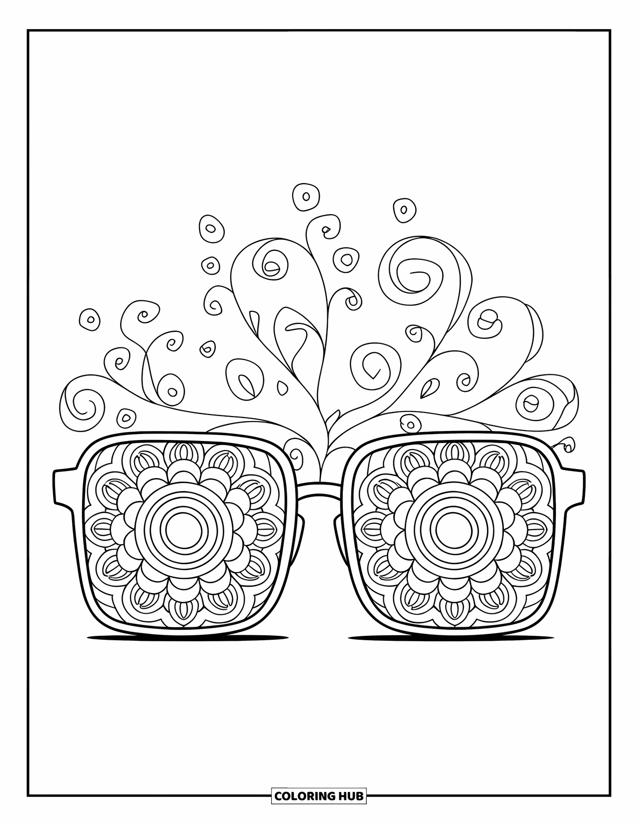 Sunglasses Coloring Page for Adults: Rectangular sunglasses feature mandala circles and swirls inside each lens