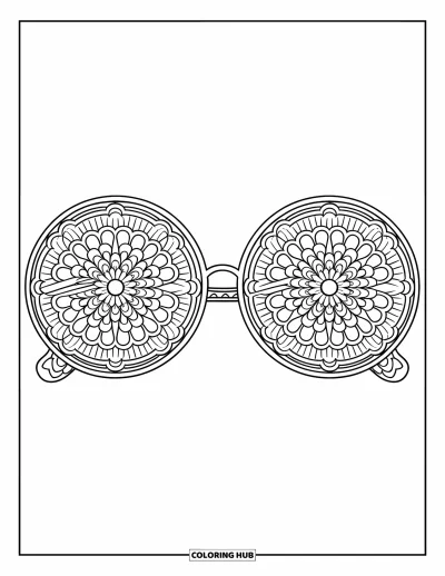 Coloriage de lunettes de soleil pour adultes : Des lunettes rondes avec des verres en mandala et des montures aux détails en dentelle