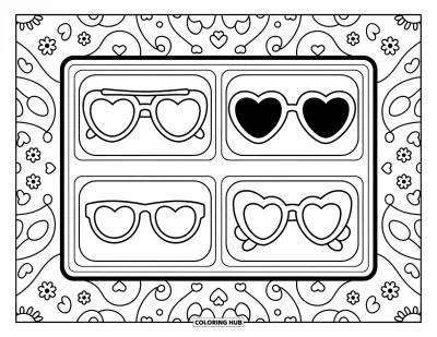 Coloriage de lunettes de soleil pour adultes : Six paires de lunettes amusantes dans un plateau entourées de nuages, de cœurs et de formes gribouillis