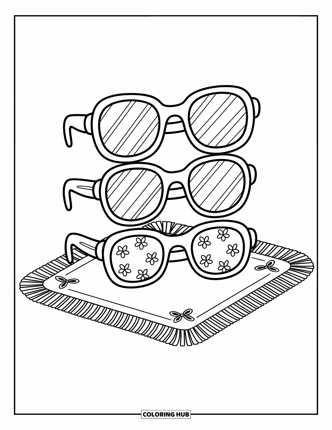Sunglasses Coloring Page for Adults: Striped, dotted, and floral sunglasses sit folded on a cozy decorated mat
