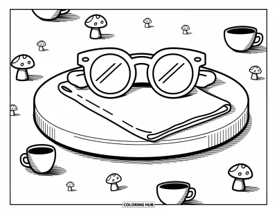 Coloriage de lunettes de soleil pour adultes : Des lunettes tendance posées sur un tissu avec de jolis champignons et des gribouillis fantaisistes