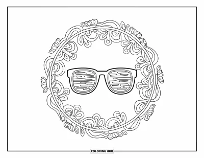Coloriage de lunettes de soleil pour adultes : Des lunettes de soleil au centre d'un mandala détaillé avec des fleurs et des lignes tourbillonnantes