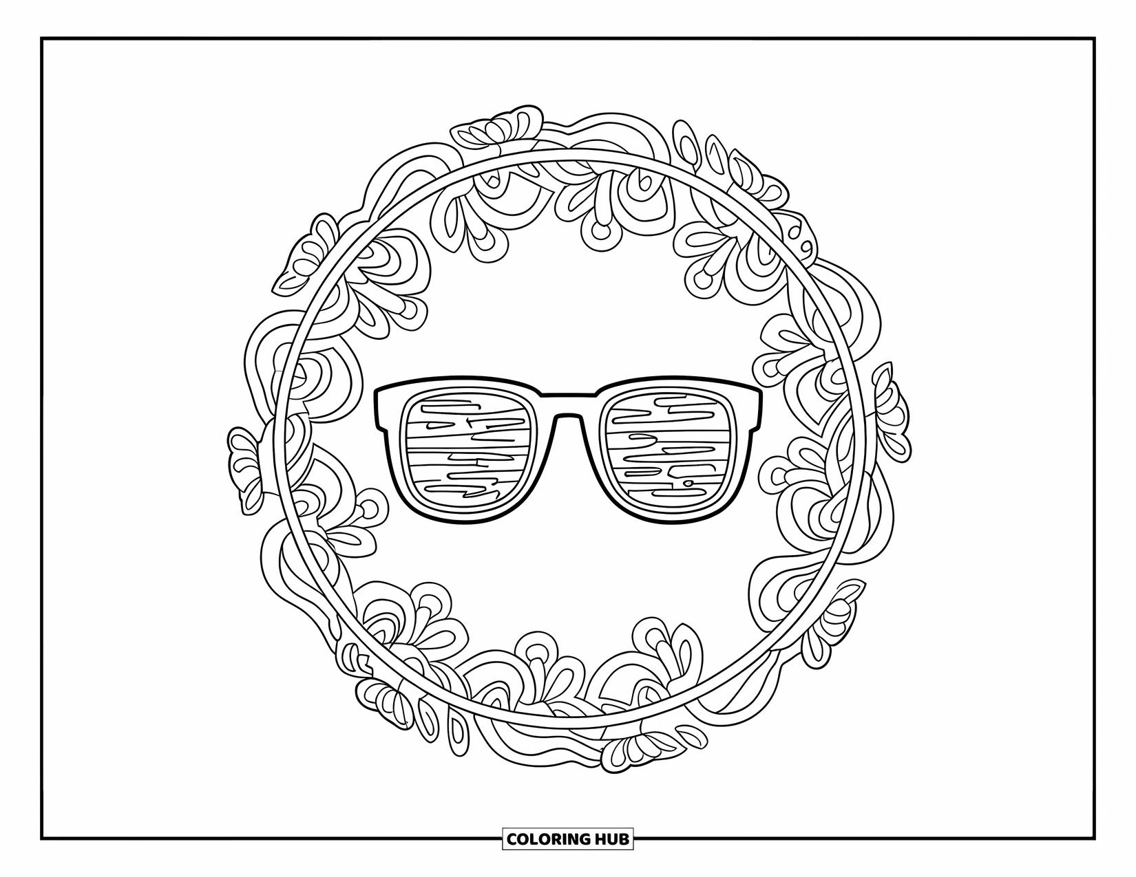 Sunglasses Coloring Page for Adults: Sunglasses are centered in a detailed mandala with flowers and swirling lines