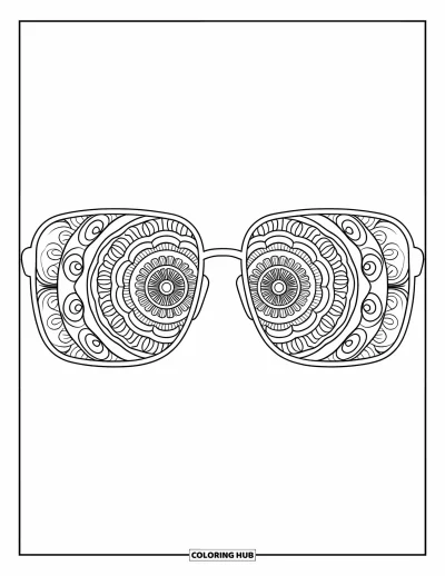 Coloriage de lunettes de soleil pour adultes : Des lunettes de soleil ornées de couches de motifs mandalas avec de délicates arabesques