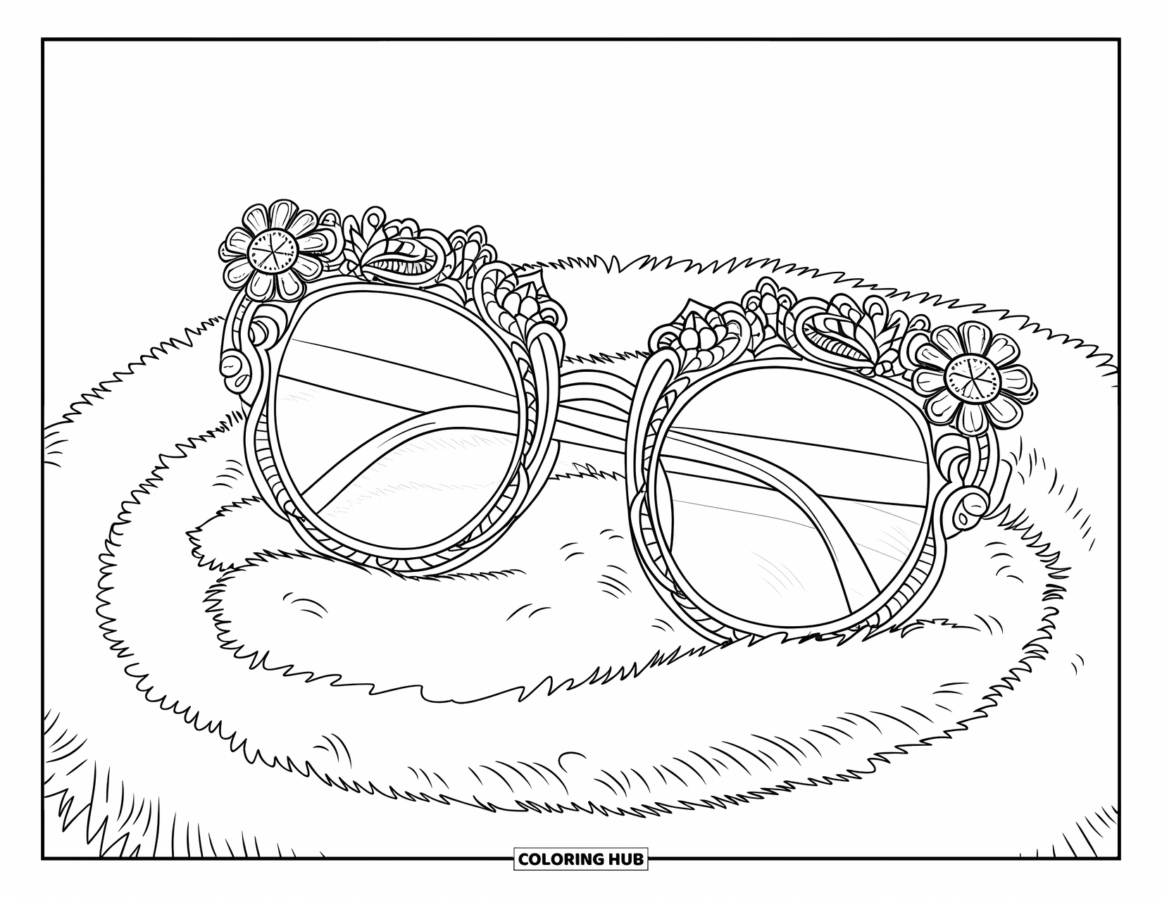 Sunglasses Coloring Page for Adults: Sunglasses lie on a fluffy base with vines and flowers around the frame