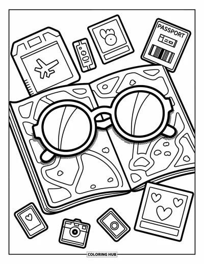Coloriage de lunettes de soleil pour adultes : Des lunettes de soleil sur une carte dépliée avec des accessoires de voyage et de petits cadres polaroïd