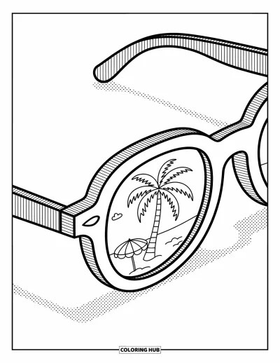 Coloriage de lunettes de soleil pour adultes : Des lunettes de soleil reflétant un palmier et un parasol sur une surface pointillée dessinée à la main