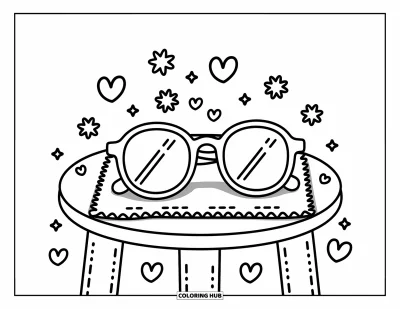 Coloriage de lunettes de soleil pour adultes : Des lunettes de soleil posées sur une table ronde avec des cœurs, des étoiles et un chiffon doux