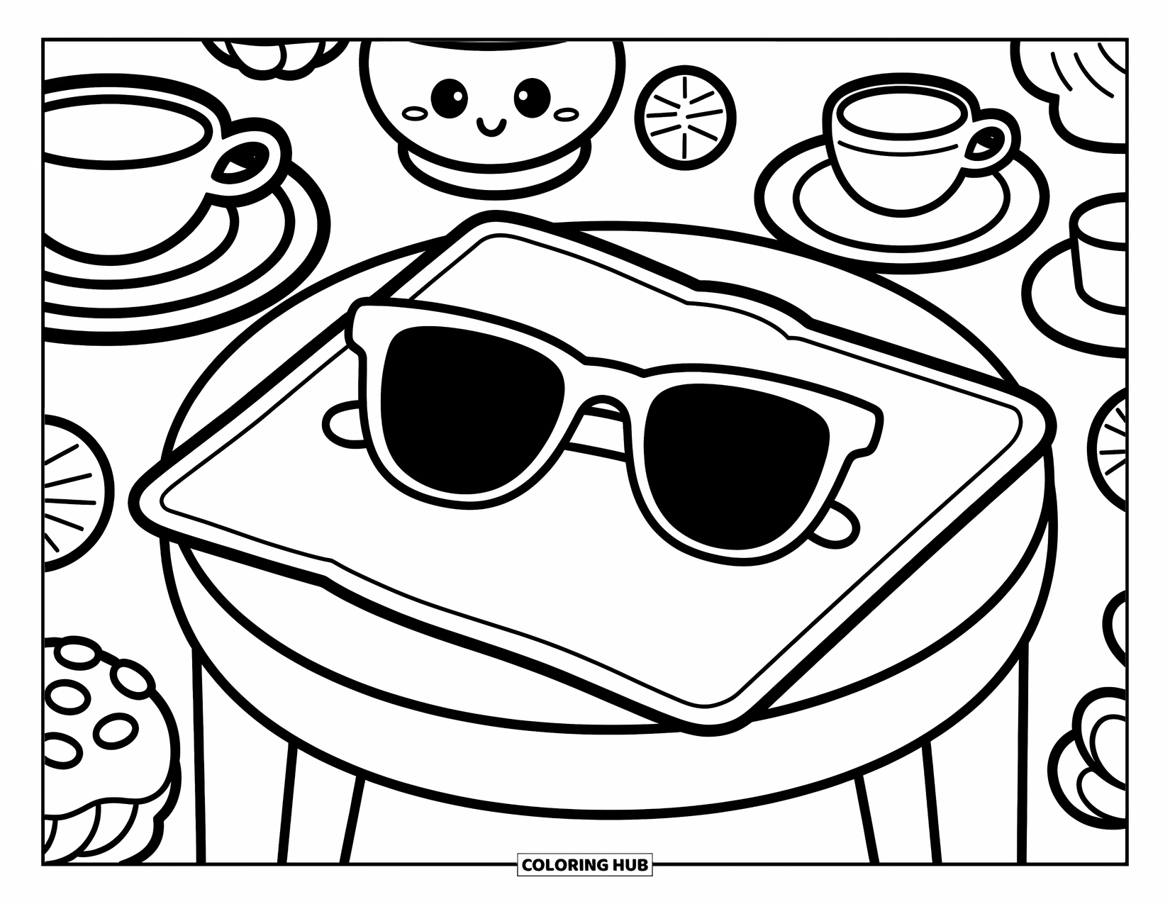 Sunglasses Coloring Page for Adults: Sunglasses rest on a sweet table with tea, pastries, and charming kawaii touches