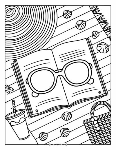 Coloriage de lunettes de soleil pour adultes : Des lunettes de soleil reposant sur un magazine ouvert avec un chapeau, une boisson et des coquillages à proximité