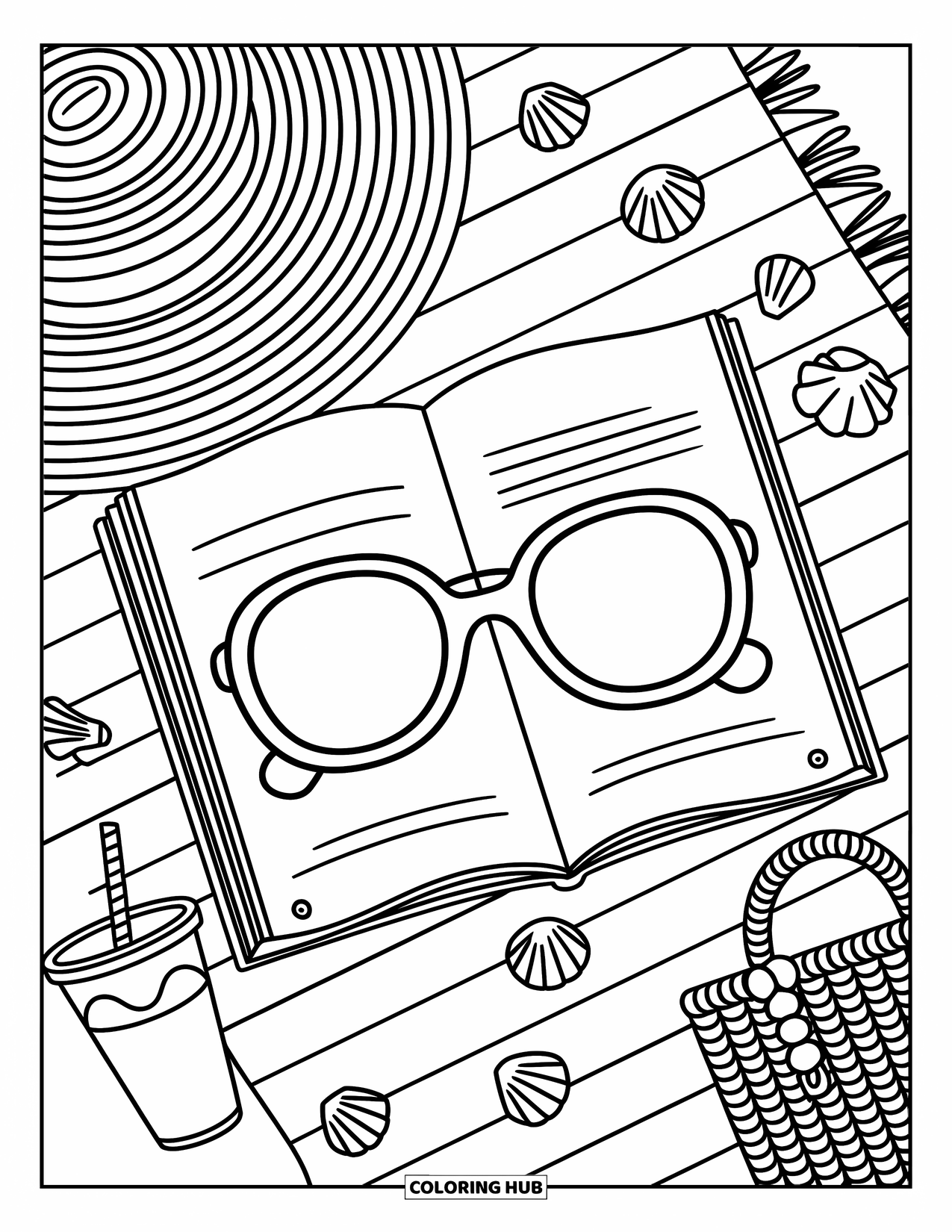 Sunglasses Coloring Page for Adults: Sunglasses rest on an open magazine with a sun hat, drink, and seashells nearby