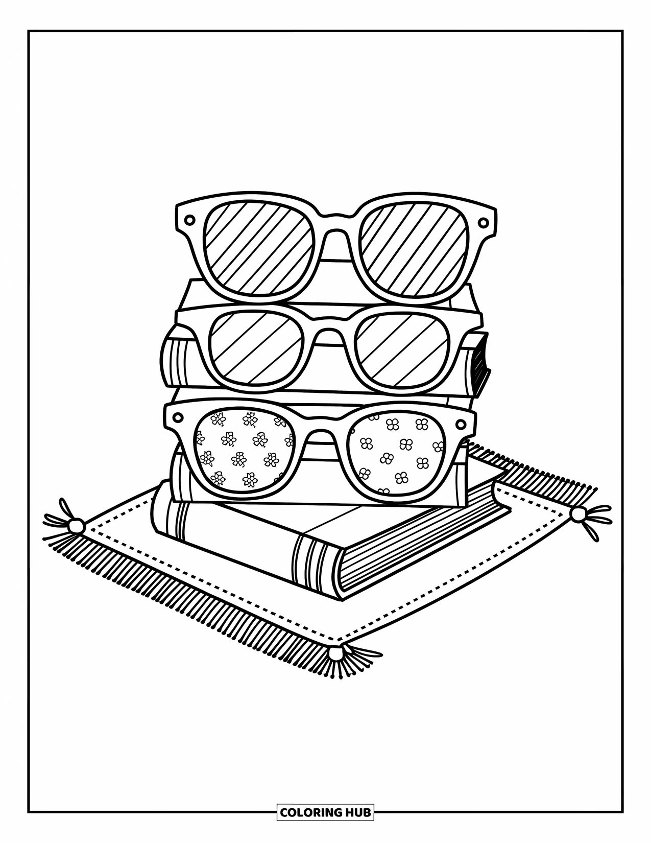 Sunglasses Coloring Page for Adults: Three folded sunglasses sit on a square mat with tiny leaves and bows