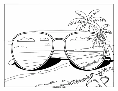 Coloriage de lunettes de soleil pour enfants : Une scène de plage se reflète dans des lunettes de soleil reposant tranquillement sur le sable