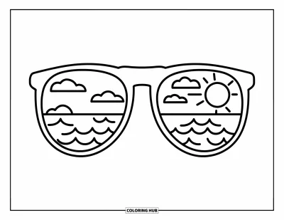 Coloriage de lunettes de soleil pour enfants : Une vue de plage se reflète dans des lunettes de soleil avec un soleil, un ciel et de douces vagues