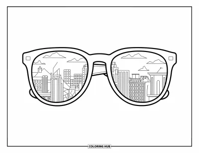 Coloriage de lunettes de soleil pour enfants : Un panorama urbain avec un pont se reflète dans une paire de lunettes de soleil aux formes généreuses