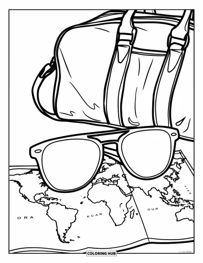 Coloriage de lunettes de soleil pour enfants : Une carte dépliée avec des continents et un sac à dos posés à côté d'une paire de lunettes de soleil