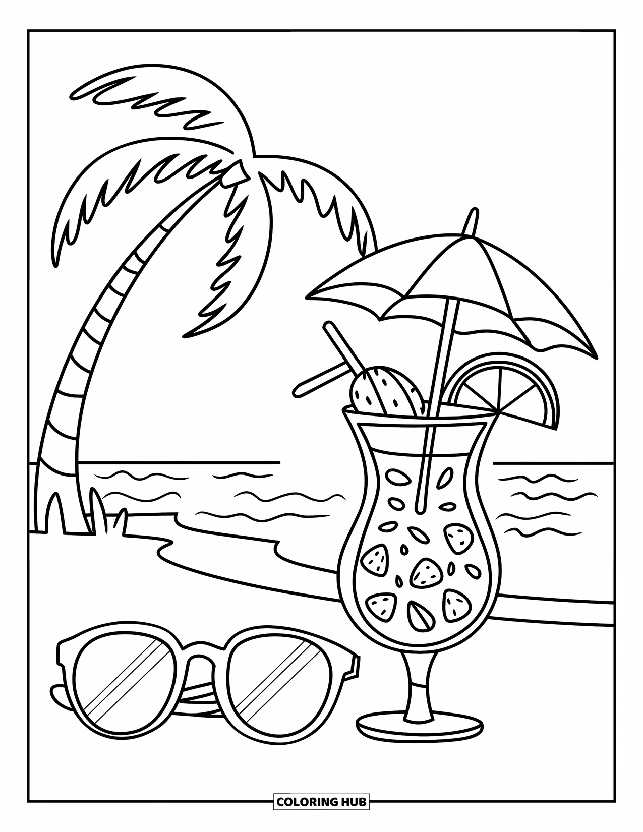 Sunglasses Coloring Page for Kids: A fruity tropical drink with an umbrella sits beside large sunglasses