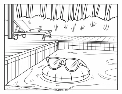 Coloriage de lunettes de soleil pour enfants : Une paire de lunettes de soleil reposant sur un matelas gonflable entouré d'arbres et d'une terrasse en bois
