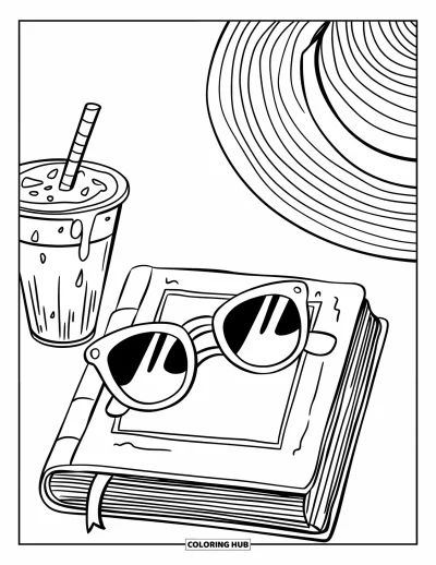Coloriage de lunettes de soleil pour enfants : Un smoothie, un livre et un chapeau de paille posés à côté d'une paire de lunettes de soleil