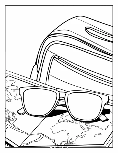 Coloriage de lunettes de soleil pour enfants : Un sac de voyage et une carte dépliée sous une grande paire de lunettes de soleil