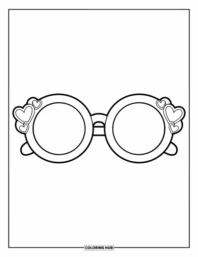 Coloriage de lunettes de soleil pour enfants : De grandes lunettes rondes avec des détails en forme de cœur posées avec fantaisie sur un fond vierge