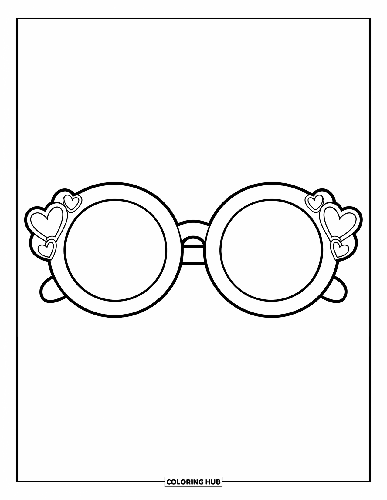Sunglasses Coloring Page for Kids: Big round sunglasses with heart accents sit playfully on a blank background