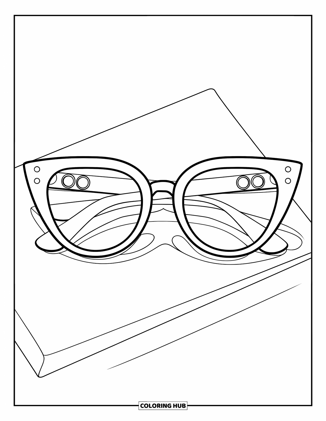 Sunglasses Coloring Page for Kids: Bold cat-eye sunglasses with thick frames sit on a plain surface