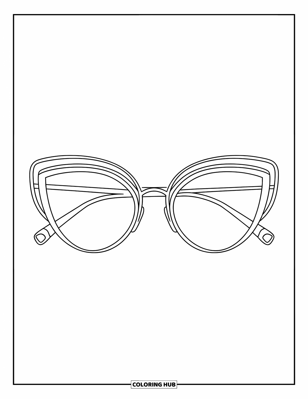 Sunglasses Coloring Page for Kids: Curved cat-eye sunglasses rest neatly with bold lines and classic flair
