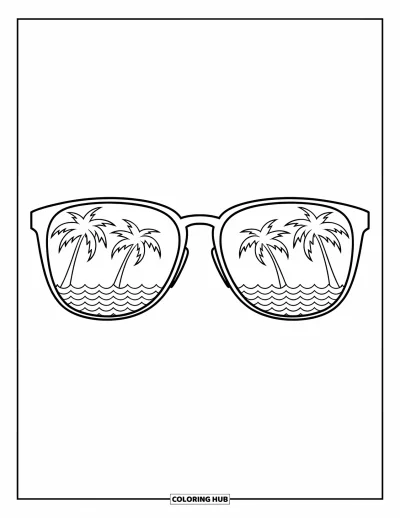 Coloriage de lunettes de soleil pour enfants : Des lunettes de soleil tendance reflétant une vue sur l'océan avec des palmiers et de douces vagues