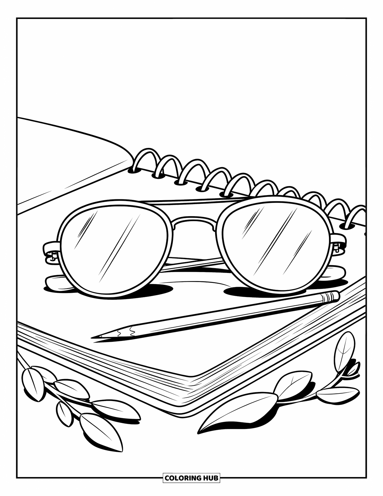 Sunglasses Coloring Page for Kids: Sunglasses and a pencil rest on a sketchbook near some leafy twigs