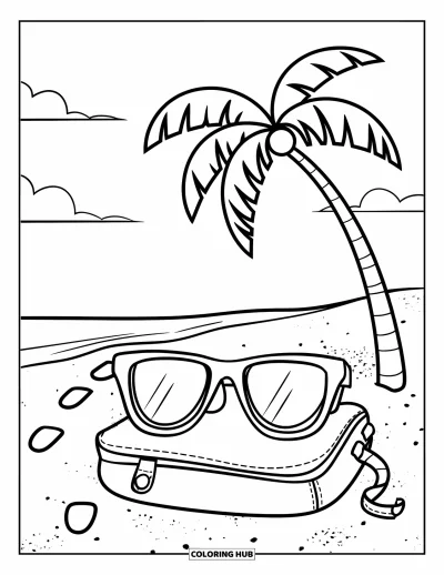 Coloriage de lunettes de soleil pour enfants : Des lunettes de soleil sur un sac de plage sous un palmier avec de douces nuages au-dessus