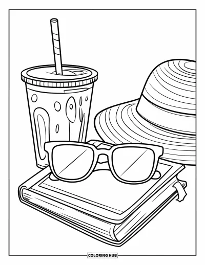 Coloriage de lunettes de soleil pour enfants : Des lunettes de soleil sur un livre près d'un smoothie et d'un chapeau, prêtes pour une lecture ensoleillée